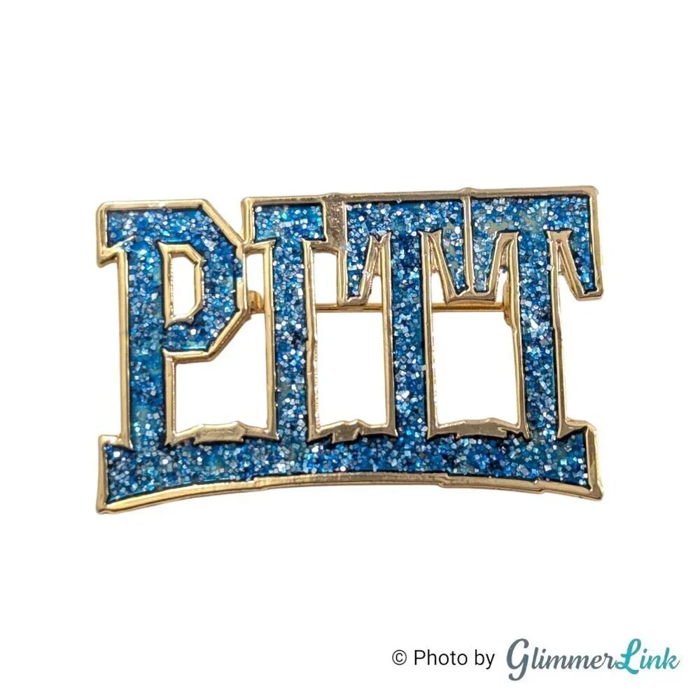Sparkly Blue Enamel Pitt Name Las Name Gold Tone Brooch